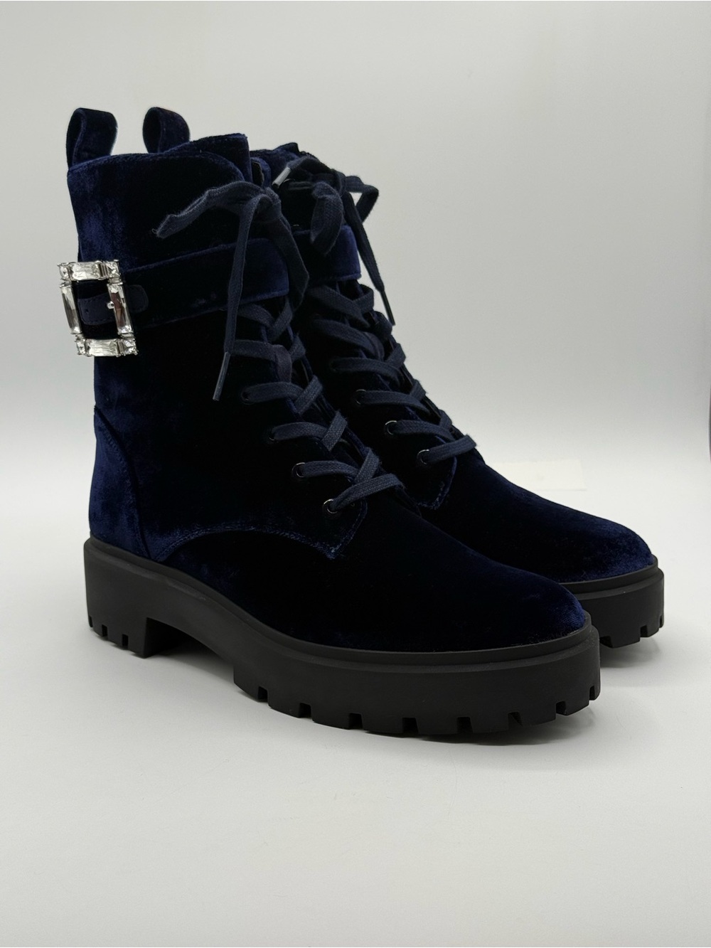 Stuart Weitzman June Velvet Combat Boots Navy Blue Chunky Lug Sole Buckle - Picture 10 of 17